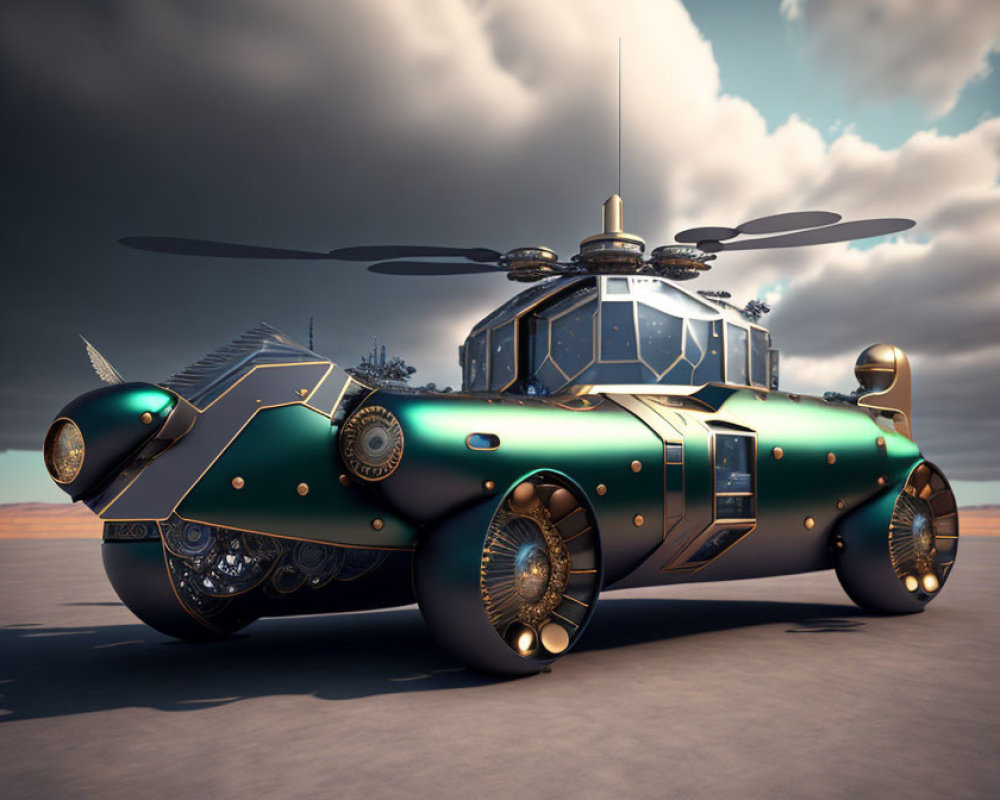 Futuristic green vehicle with large wheels and propellers on desert backdrop