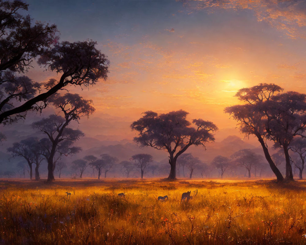 Golden Light Sunset Over Savanna Landscape