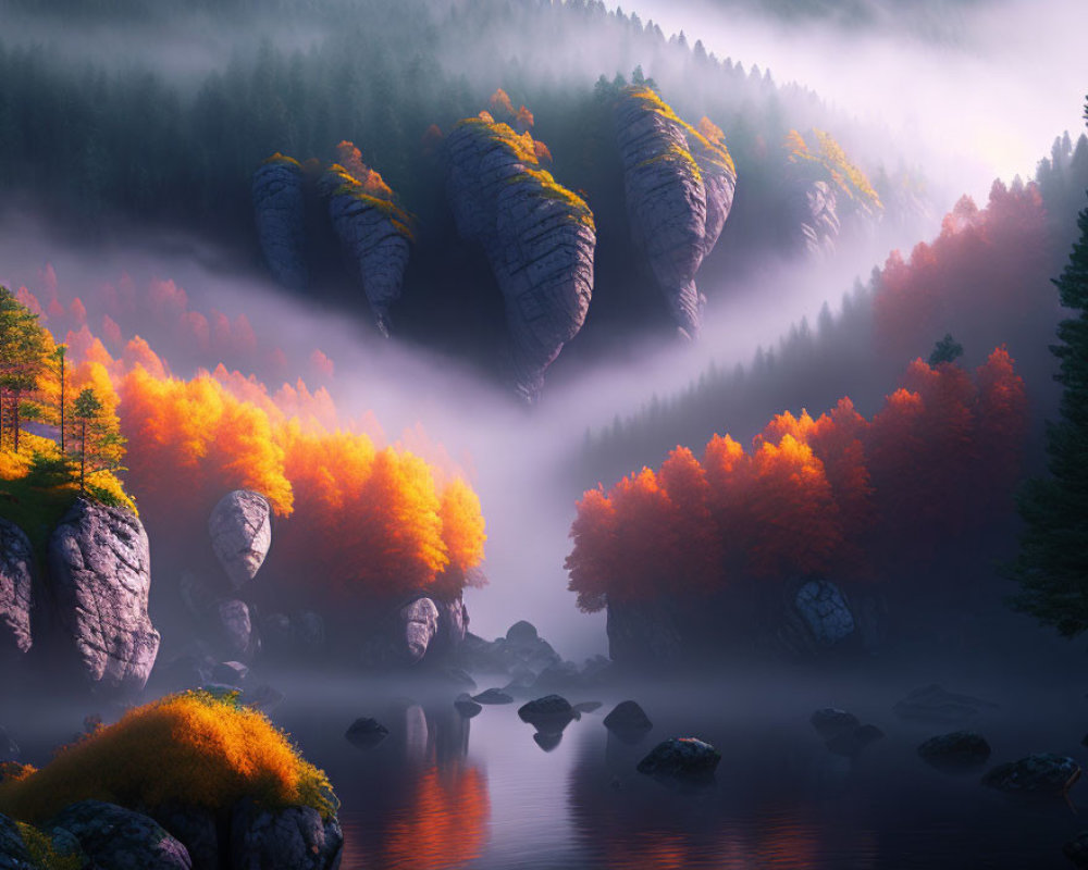 Tranquil lake with misty forest and towering rocks in autumn landscape