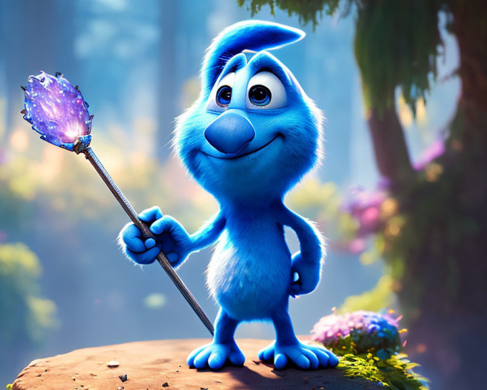 Blue animated character with crystal staff in magical forest.