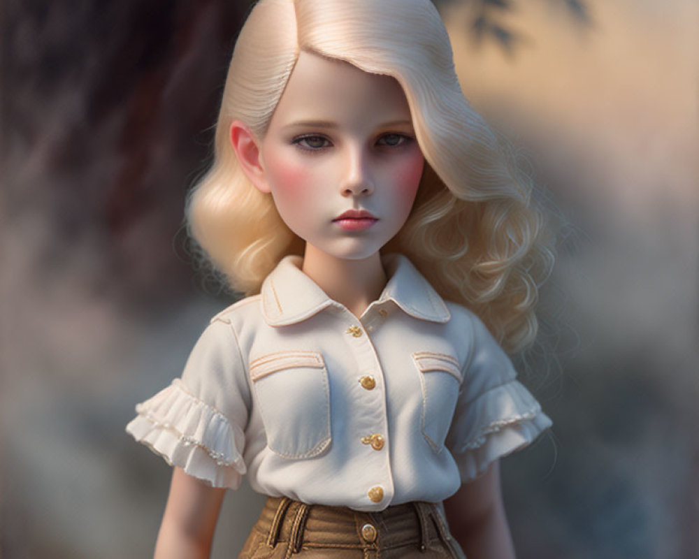 Realistic blonde doll portrait with wavy hair and cream shirt