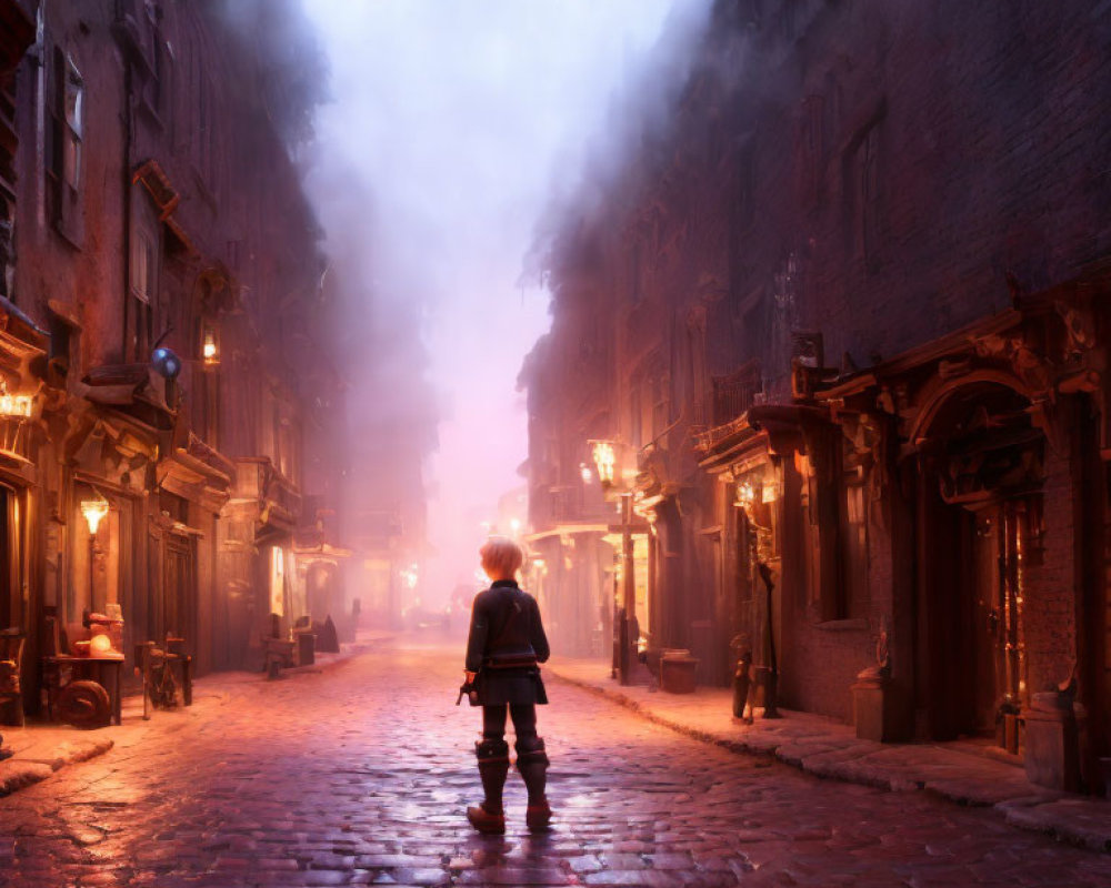 Child on foggy cobblestone street at twilight with glowing lanterns