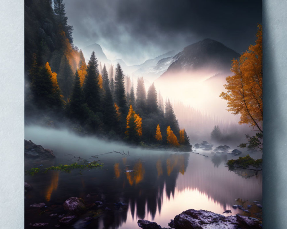 Foggy mountains and autumn trees reflected in tranquil river scene