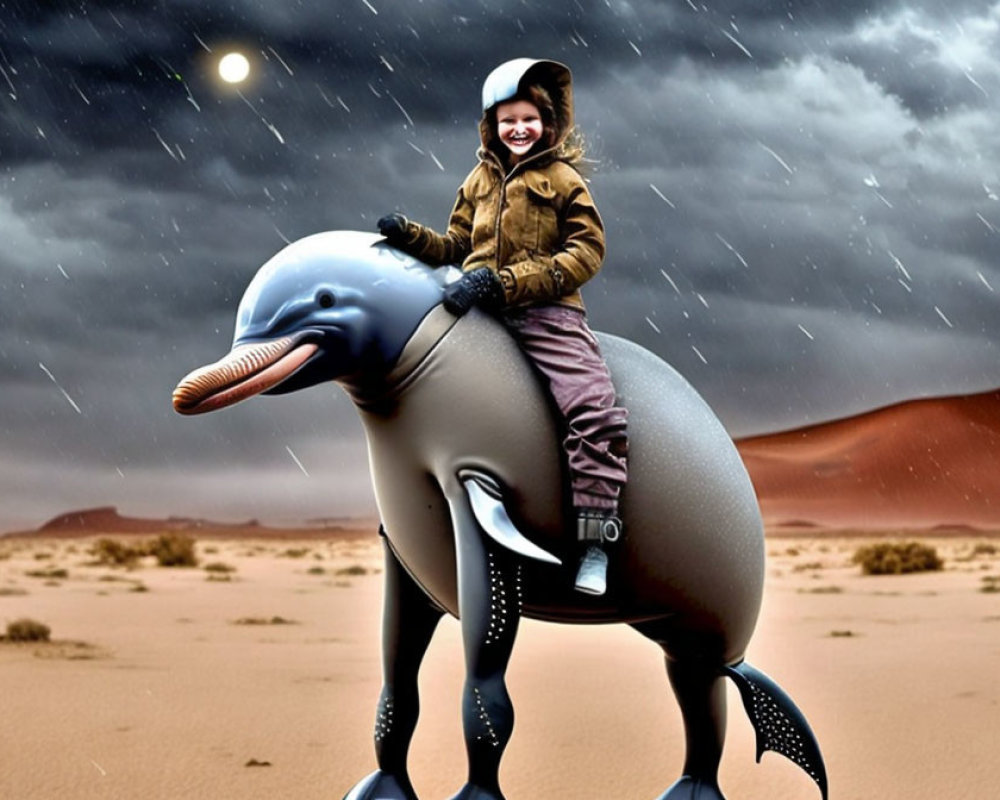 Child in Brown Jacket Smiling on Dolphin Sculpture in Desert Twilight