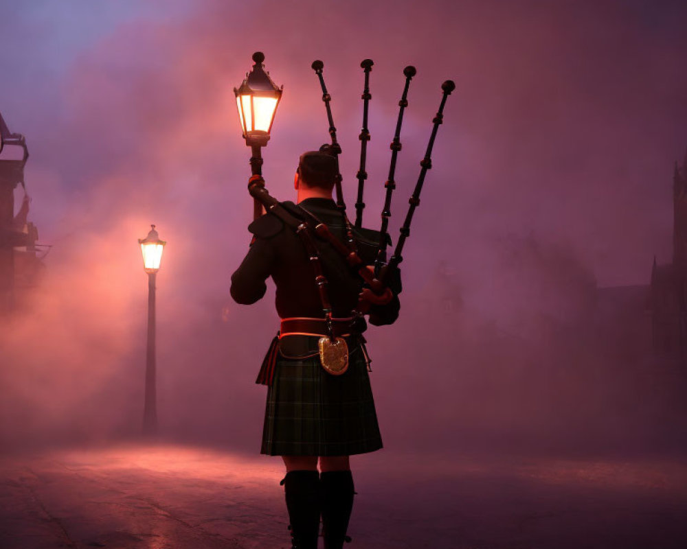 Traditional Attire Bagpiper in Misty Ambiance at Dusk