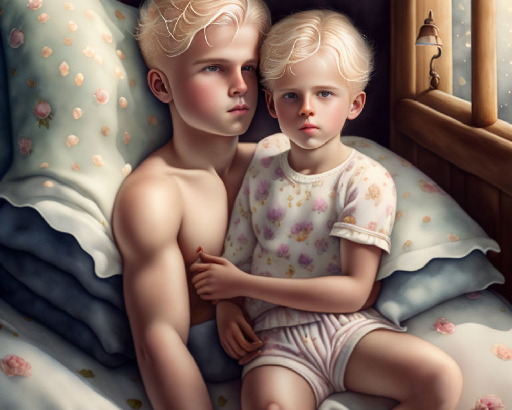 Young siblings cuddling in bed with older boy embracing younger child