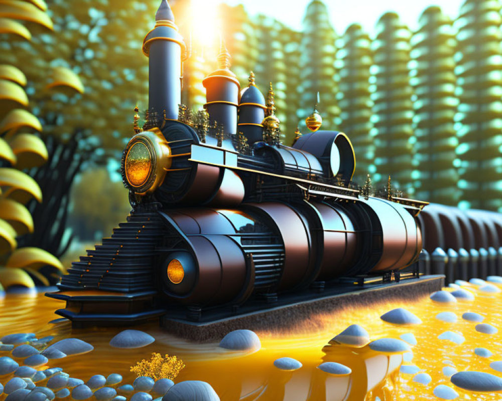 Steampunk locomotive on surreal golden landscape with spherical structures