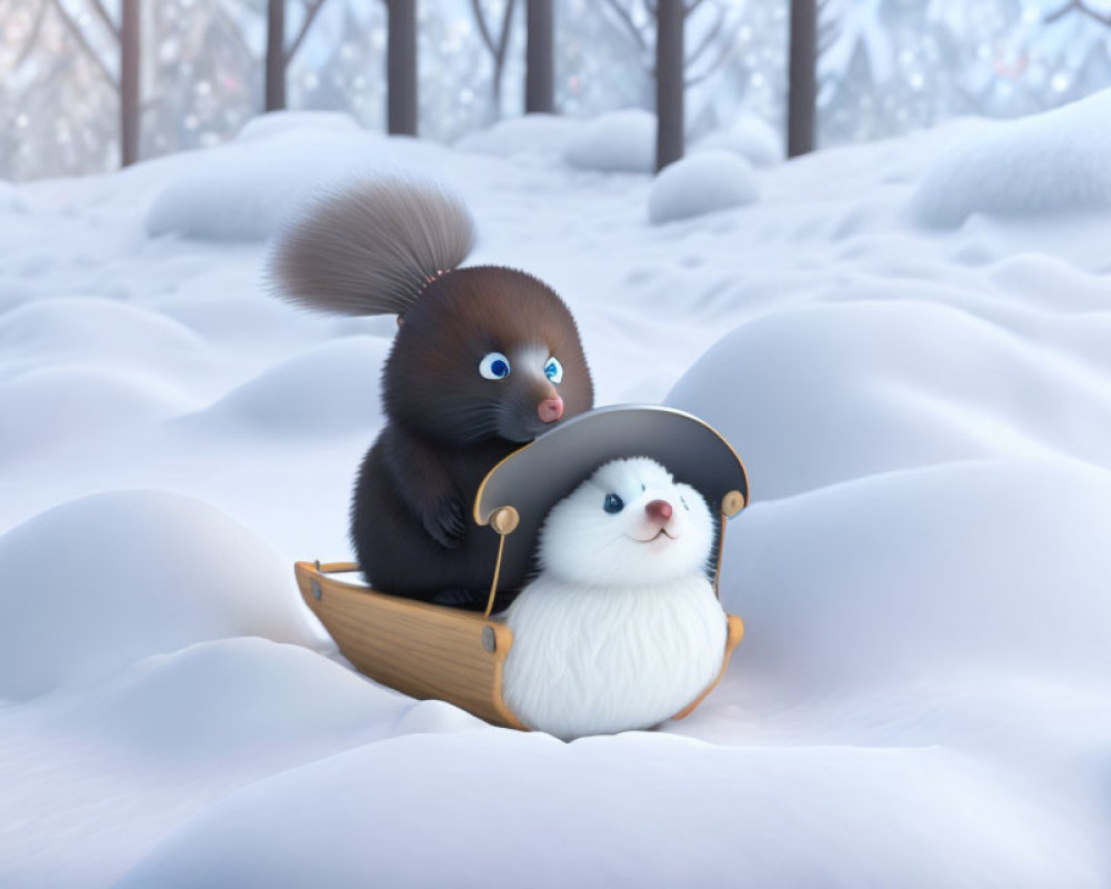 Animated squirrel and plush seal toy on sled in snowy landscape