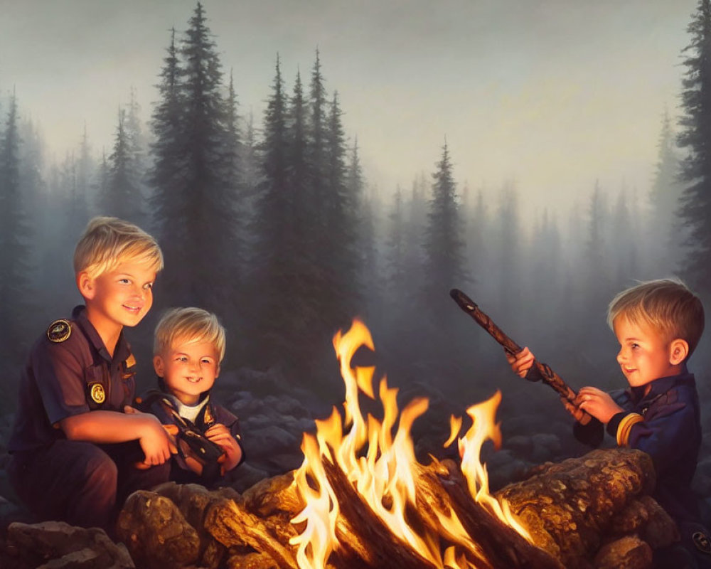 Children in scout uniforms at campfire in forest clearing