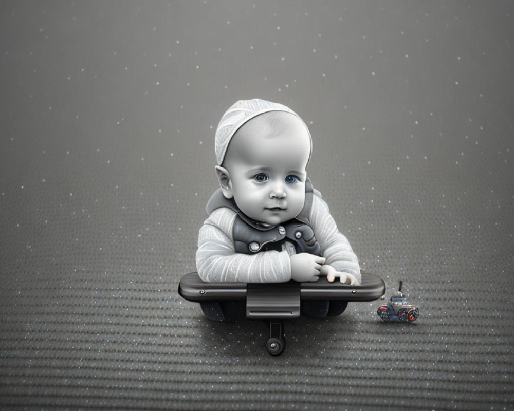 Pensive baby on skateboard with toy car and beanie outfit
