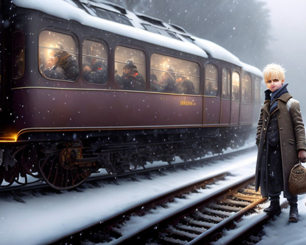 Child in winter coat by snowy train tracks with vintage train and passengers in background.