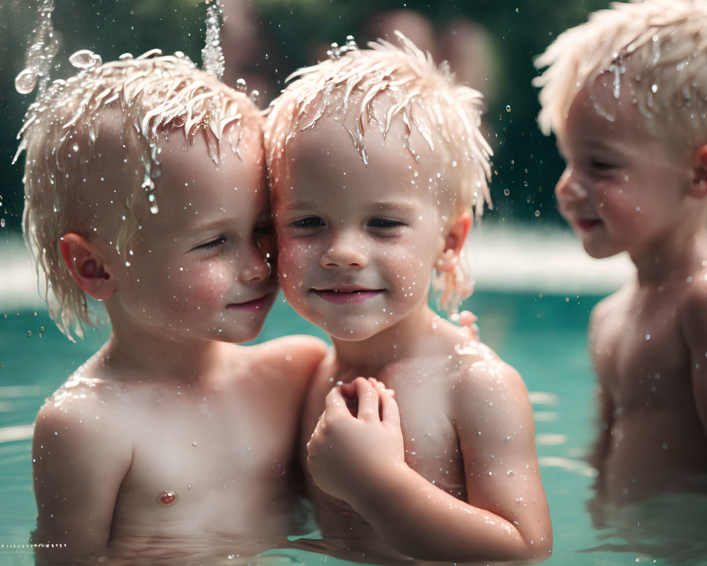 Children hugging in pool with frozen water droplets