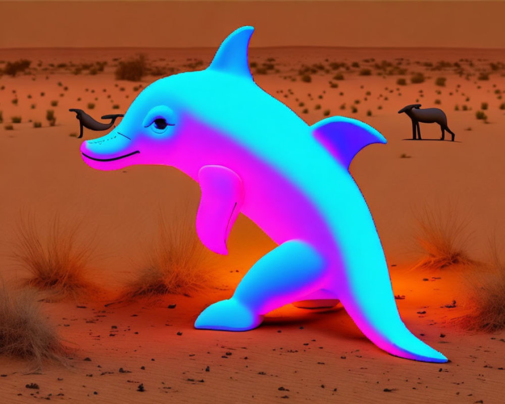 Vibrant neon dolphin leaps over desert with oryx in red sky