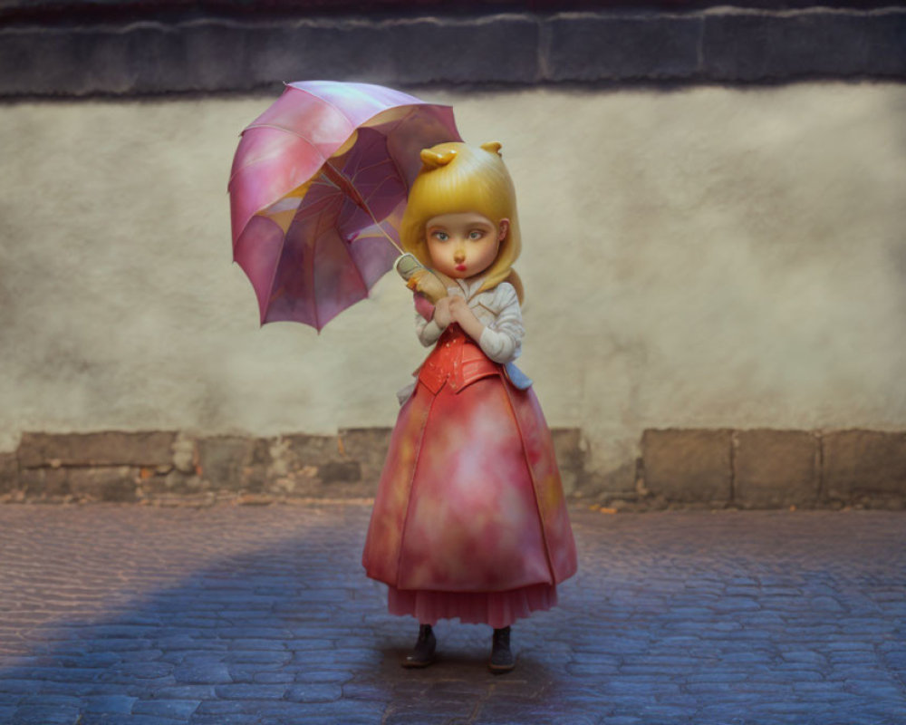 Blonde-Haired Doll in Red Skirt and White Sweater with Pink Umbrella on Cobble