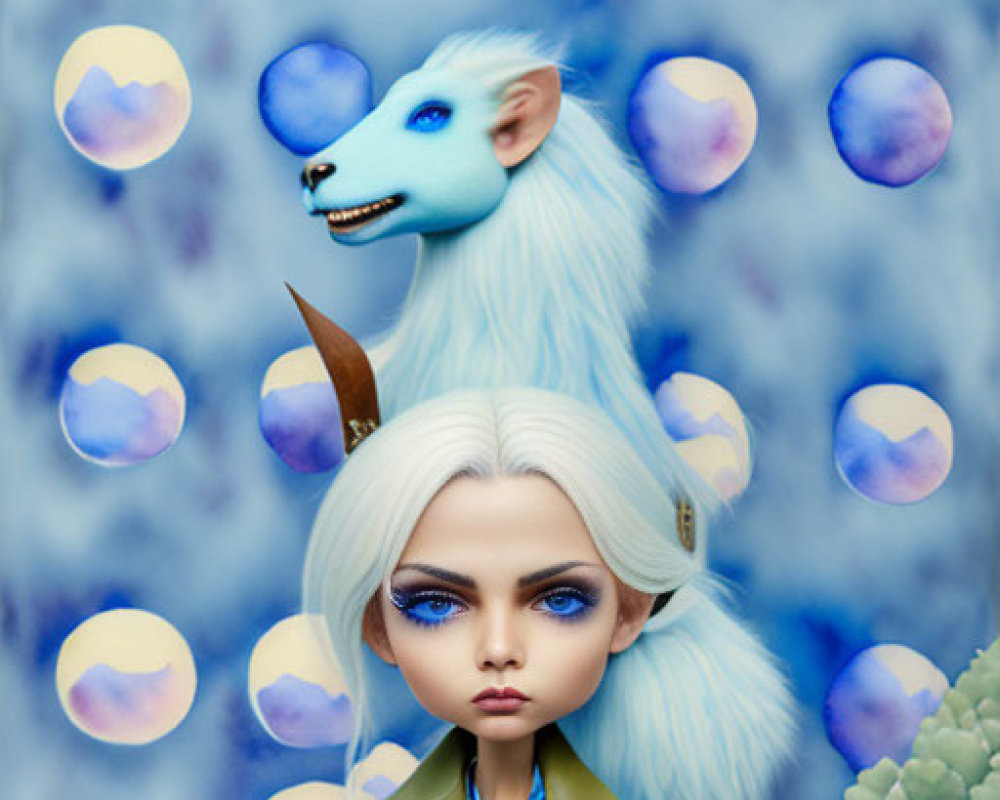Surreal illustration of pale female figure with white hair and blue wolf-headed creature
