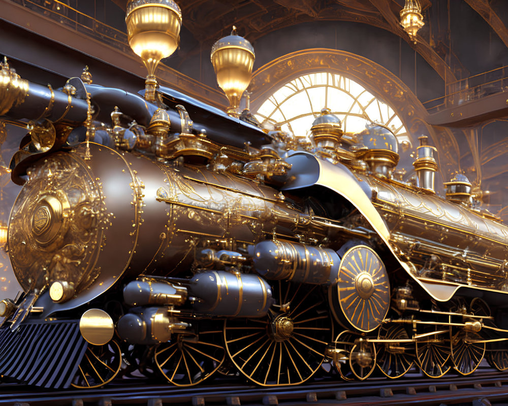Ornate Steampunk Train Station with Vintage Gold-Detailed Train