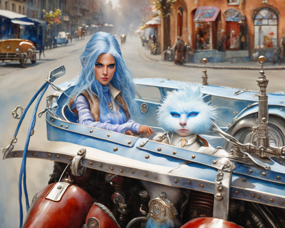 Fantasy Artwork of Woman with Blue Hair and Cat-Like Creature in Retro-Futuristic Car