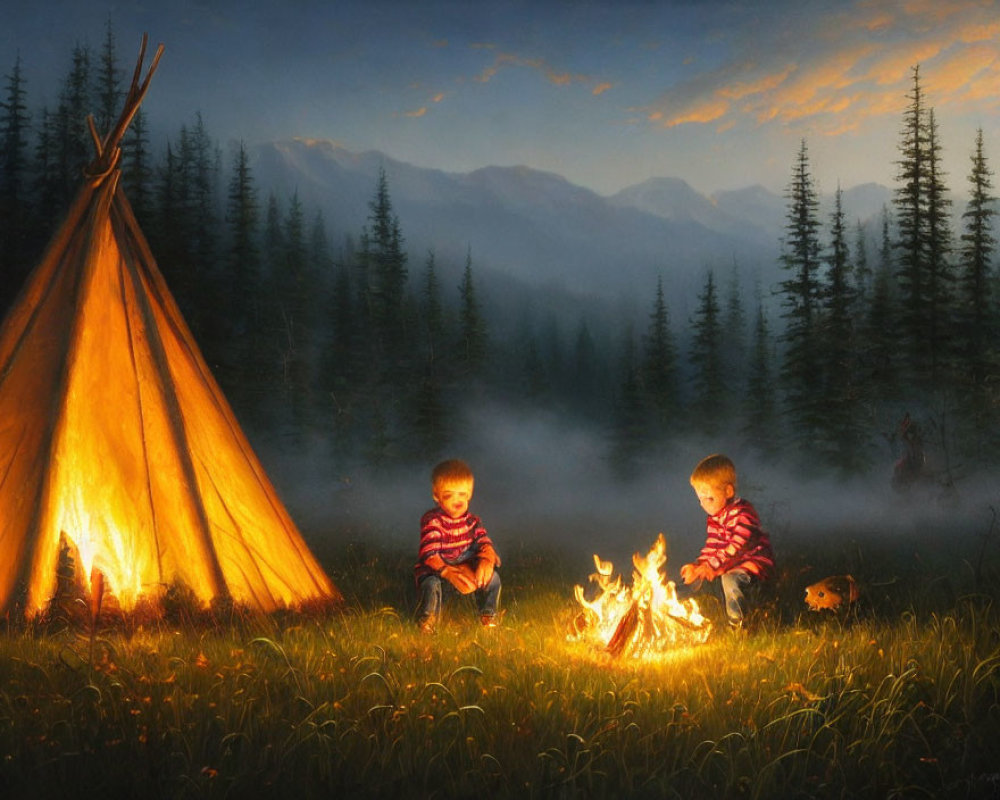 Children by campfire near teepee in twilight forest clearing.