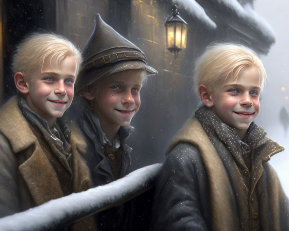 Vintage Winter Scene: Three Boys Smiling by Snowy Street