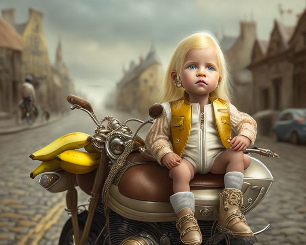 Blonde-haired doll on vintage motorcycle with bananas in quaint street scene