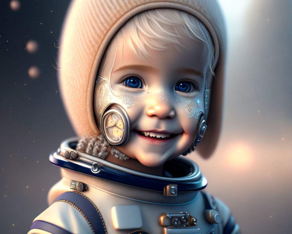 Smiling toddler in astronaut suit with steampunk-style decor