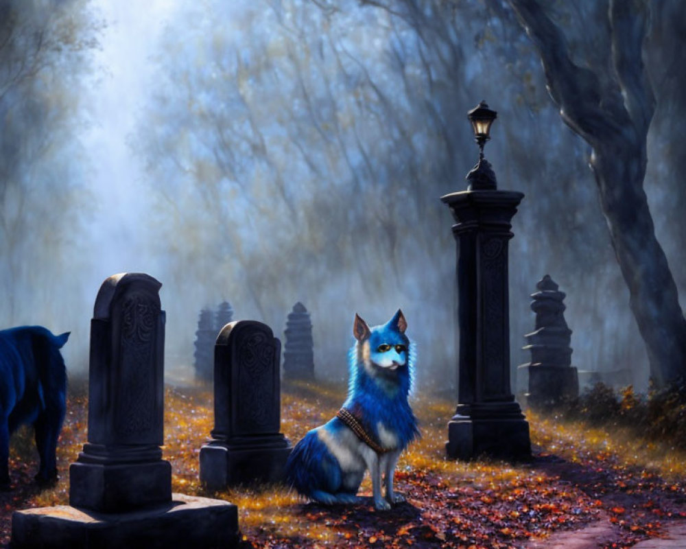 Blue wolf in misty graveyard with autumn leaves and shadow wolf