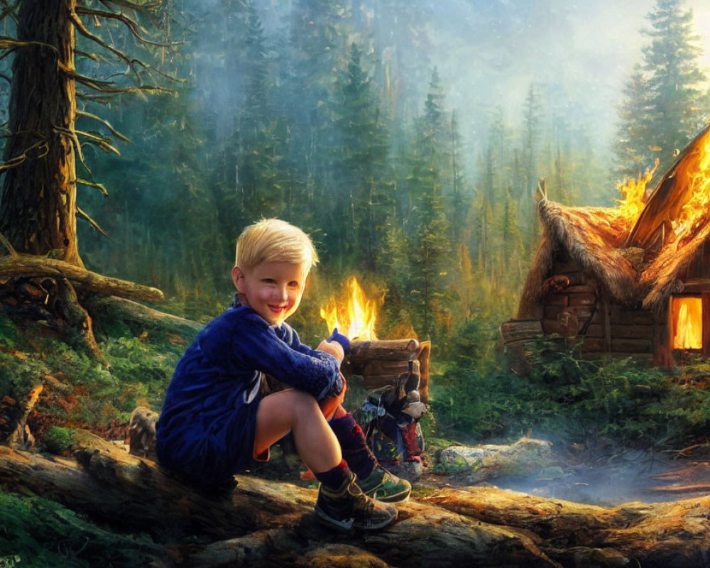 Blond child in blue sweater sitting on log in forest with cabin and campfire
