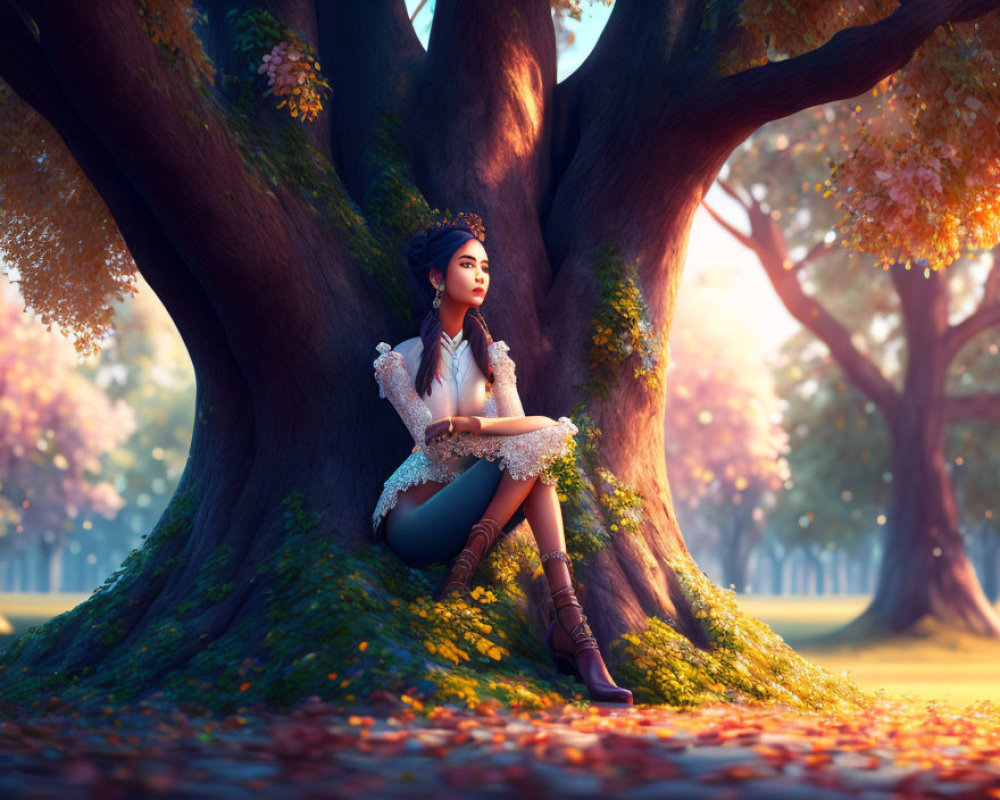 Digital Art: Girl under Golden Tree in Autumn Forest