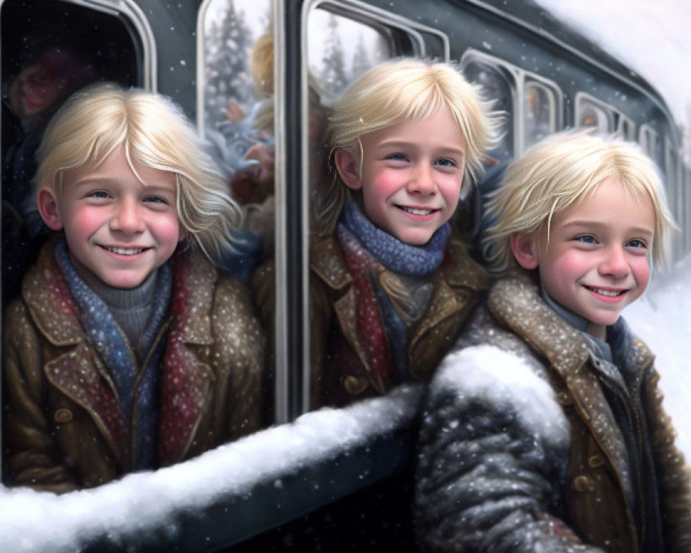 Blonde Haired Twin Boys Smiling in Snowy Train Scene