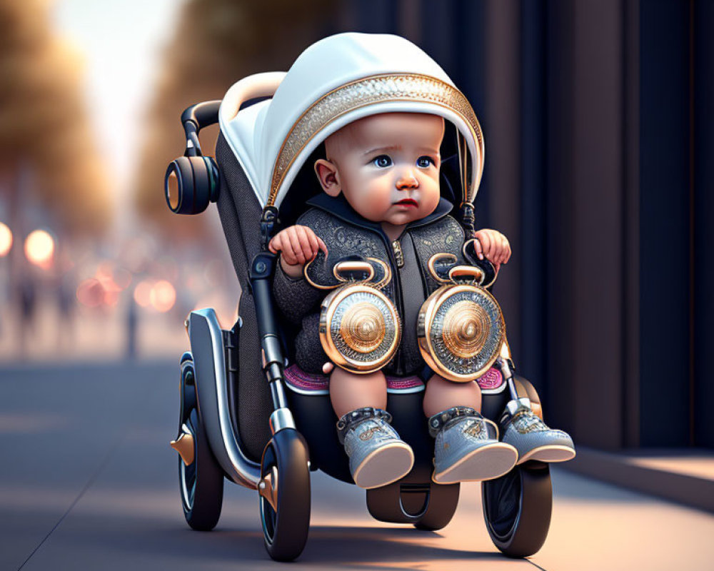 Baby in stylized stroller with gold speakers, white hat and sneakers, on city street background.