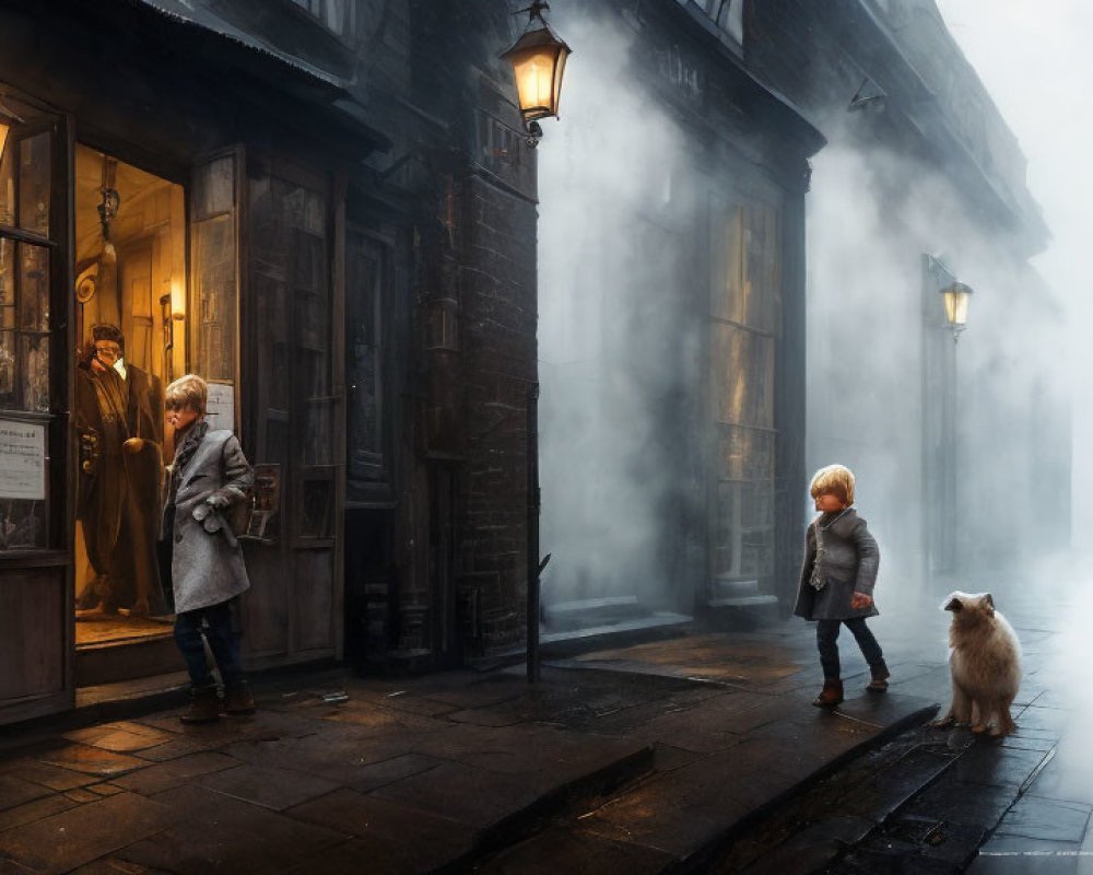 Children, dog, misty cobblestone street, vintage lampposts, quaint shop