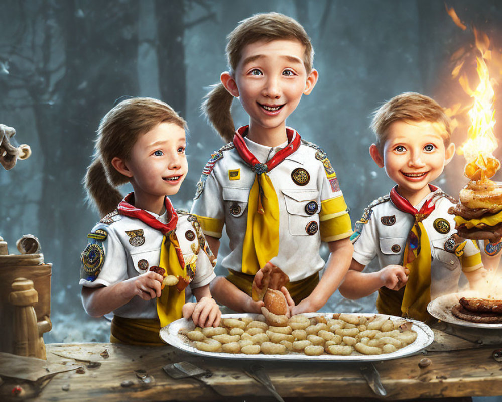 Animated children in scout uniforms preparing food in a forest setting.