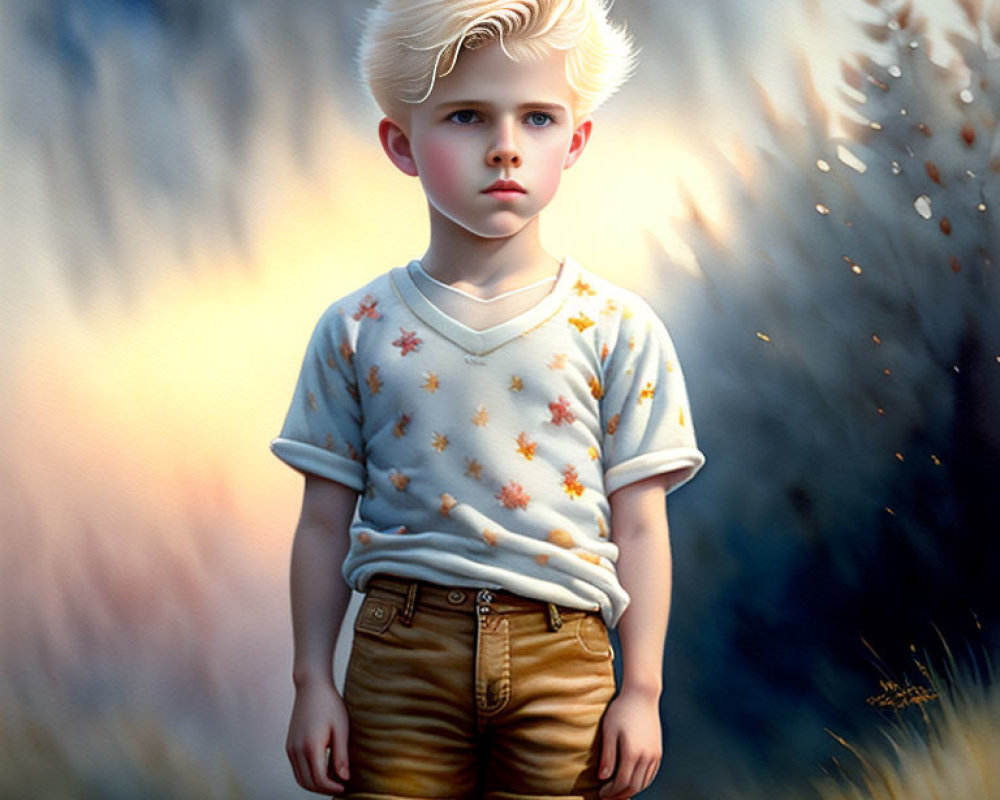 Young boy in white shirt with star patterns standing in field.