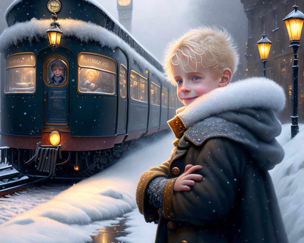 Child in winter coat watching vintage train in snowy evening with Big Ben.