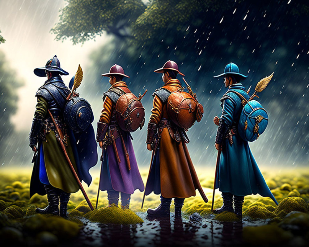 Medieval-themed image of four adventurers in rain shower with cloaks and weaponry