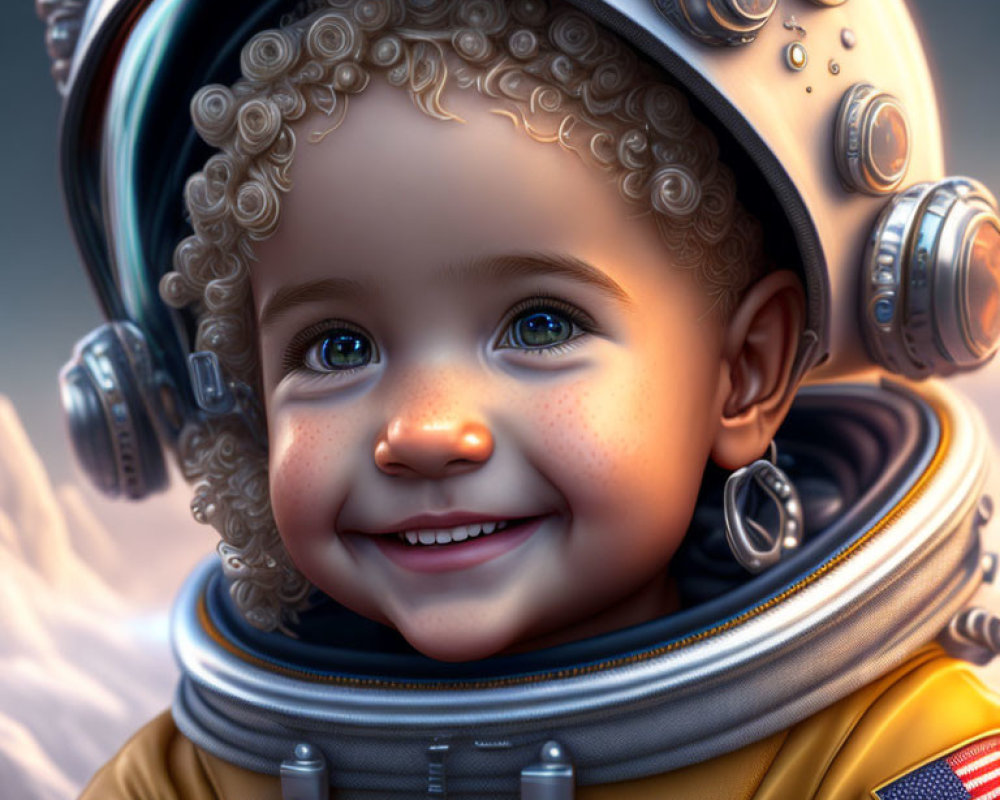 Young child in detailed astronaut suit with USA flags and futuristic design.
