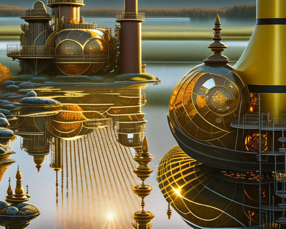 Golden futuristic train with spherical carriages by calm lake at twilight