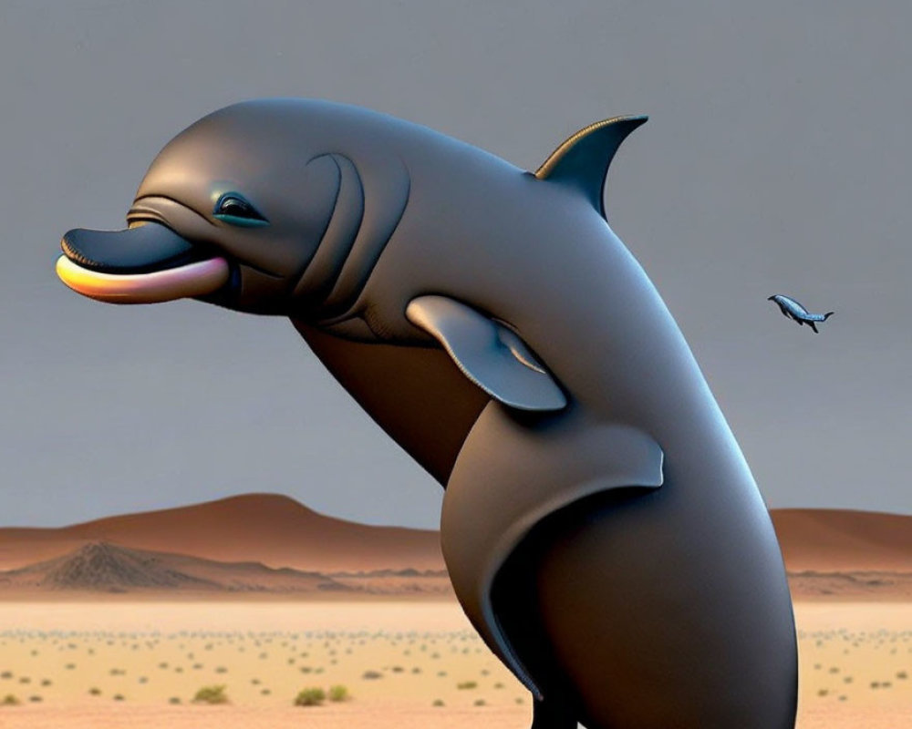 Smiling dolphin in desert with bird illustration