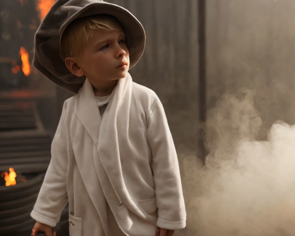Child in oversized hat and white coat stands in fog with smoldering fire, creating dramatic scene.