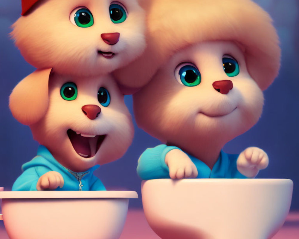 Three animated puppies in blue shirts and fluffy hats on pink background