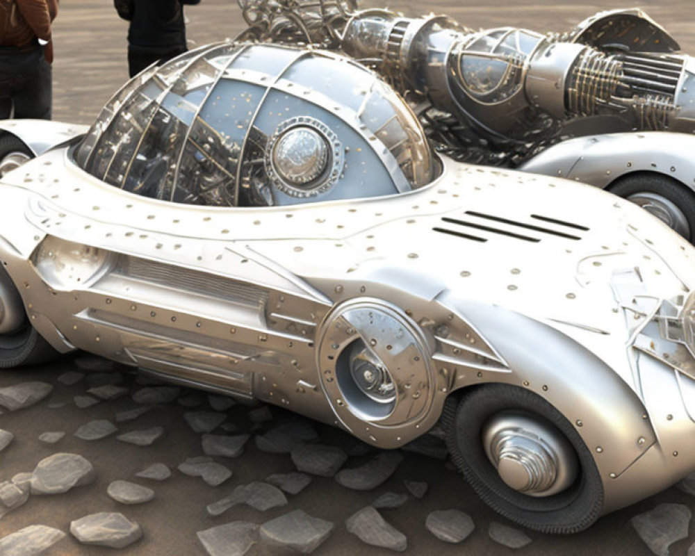 Silver Art Deco Vehicle on Cobblestone with Onlookers