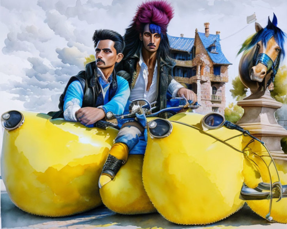Fantasy characters in stylish attire riding lemon carriage with castle backdrop