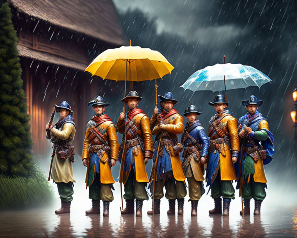 Seven individuals in Asian warrior attire with umbrellas in rain near wooden structure
