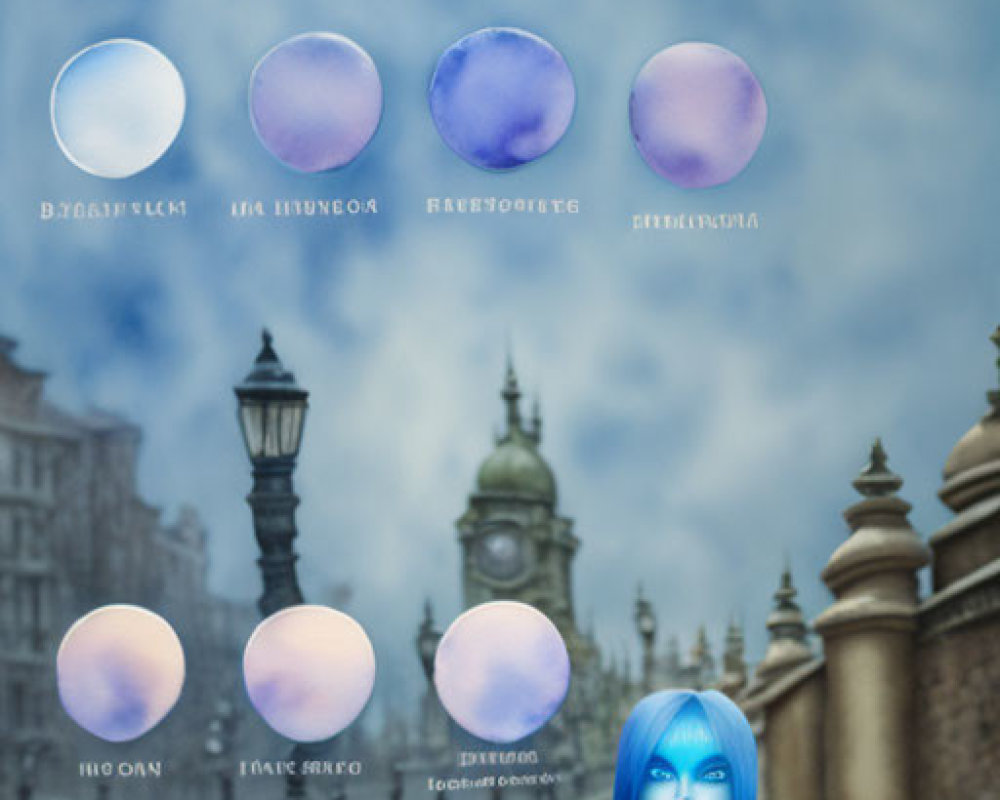 Moon Phases Chart Over Street Scene with Blue-Haired Girl and Cityscape Background
