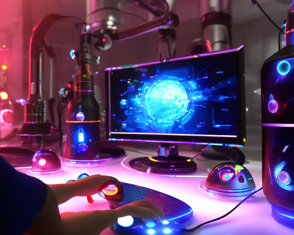 Futuristic Gaming Setup with Neon Lights and Holographic Display