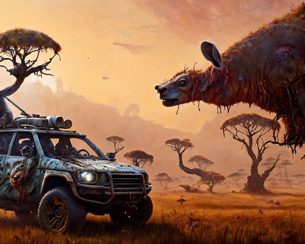 Surreal landscape with otherworldly creature, weathered vehicle, orange trees, dusky sky