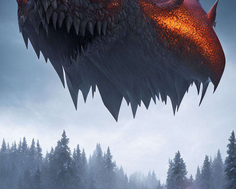 Enormous red dragon overlooking snowy forest and red car