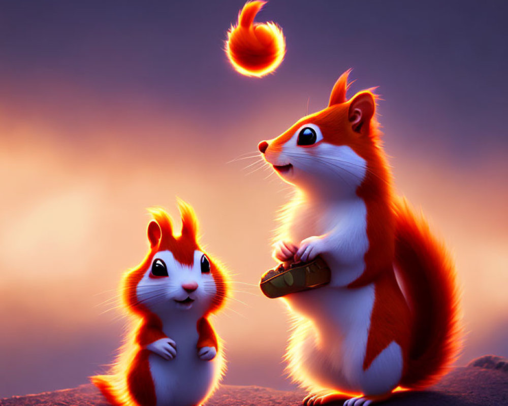 Two animated squirrels with vibrant fur under a warm, dusky sky