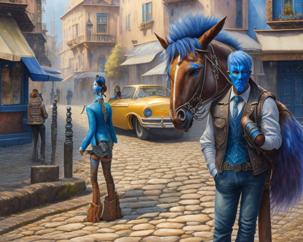 Digital Art: Humanoid Figures with Horse Heads in Urban Street Scene