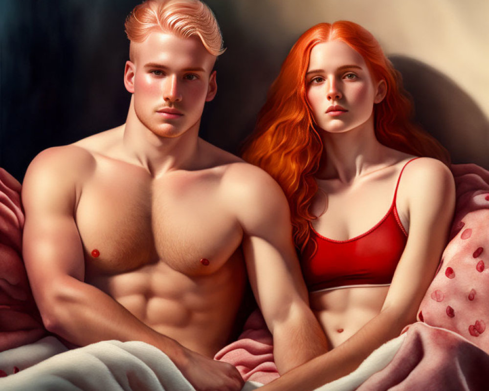Digital Artwork: Shirtless Man and Woman with Red Hair Under Pink Blanket